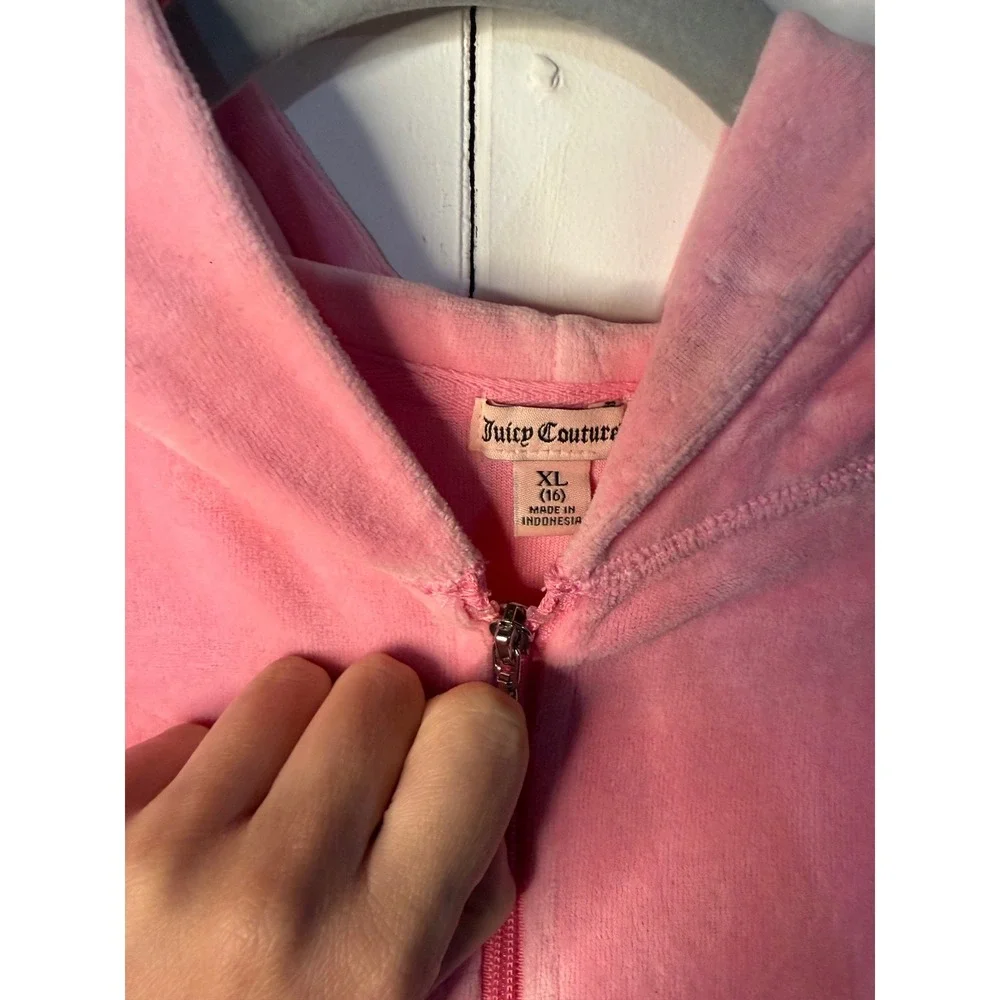 VTG Juicy Couture Hoodie Pink Velour Rhinestone Crest Zip Up Chic Girl XL 16 Y2K